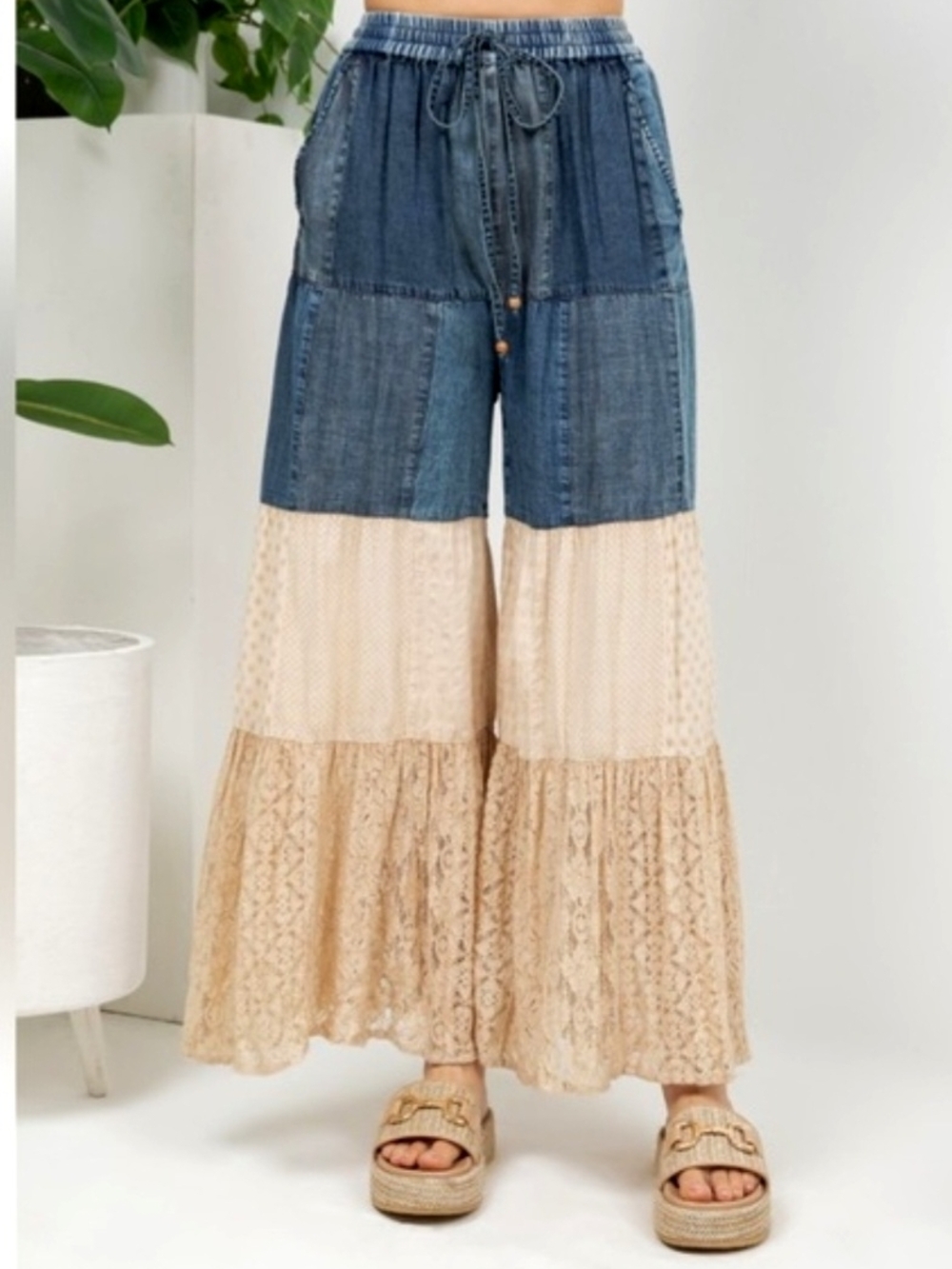 Young Threads Boho Tiered Wide-Leg Jeans with Lace Panels - Blue & Cream Sz S